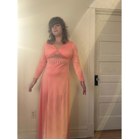 1970s 70s vintage pink maxi dress gown Dolly Parton rhinestone stud bubblegum - Picture 4 of 5